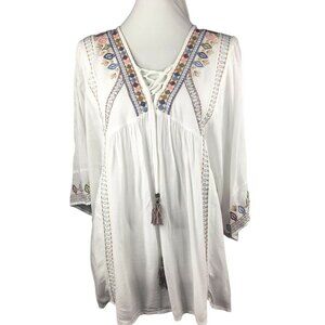 Women Whites Embroidered Multi Tassel Tie V-neckline Lace Up Peasant Top M